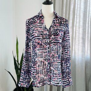 EXPRESS Portofino Long Sleeve Blue Pink White Abstract Button Down Semi Sheer XS